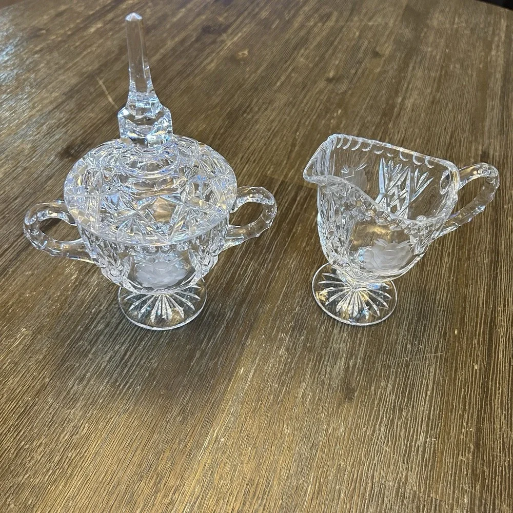 Vintage Cut Crystal Creamer & Covered Sugar Bowl Set Etched Rose Footed Floral